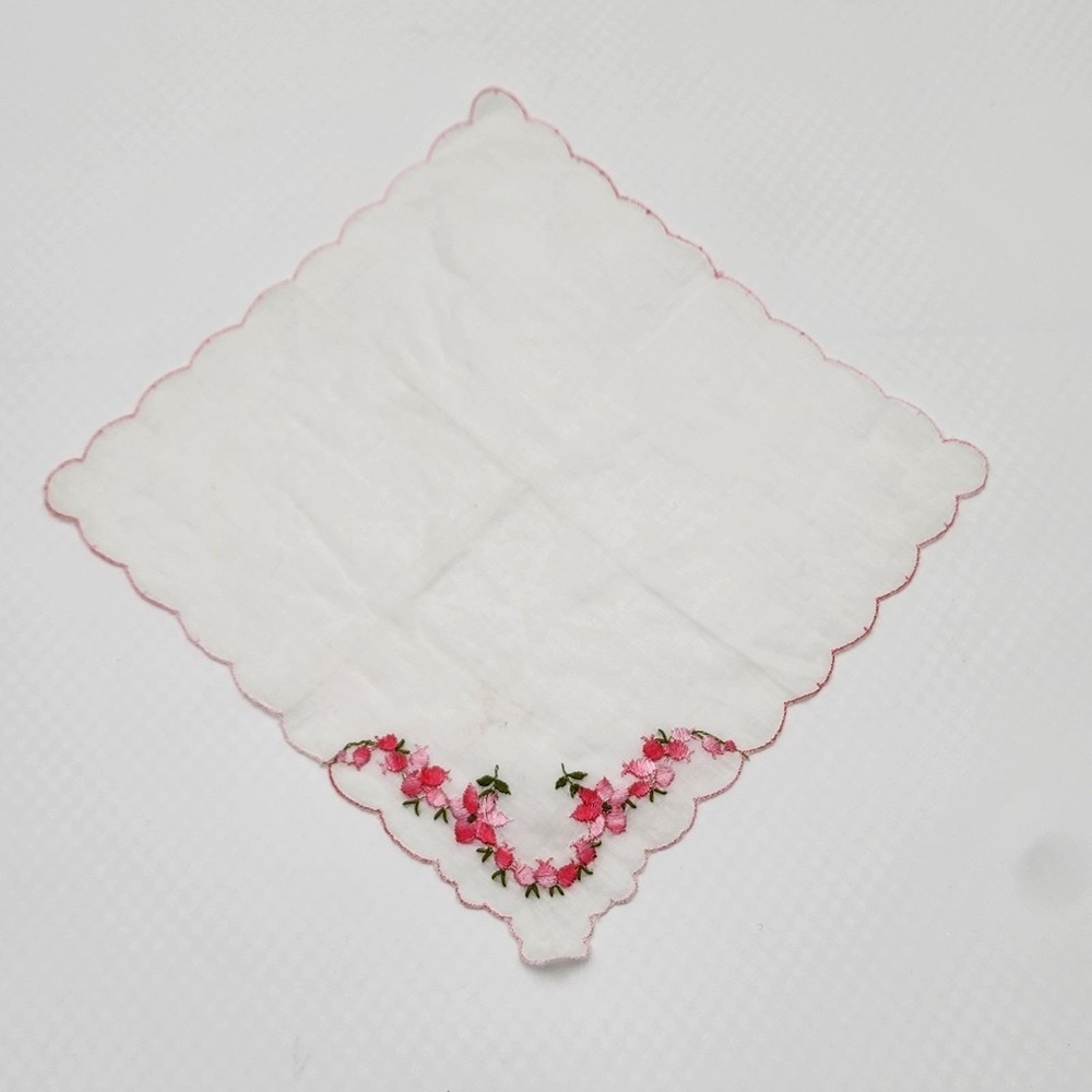 Vintage Hanky Handkerchief White Embroidered Pink Flowers Bow Scalloped Hem Edge